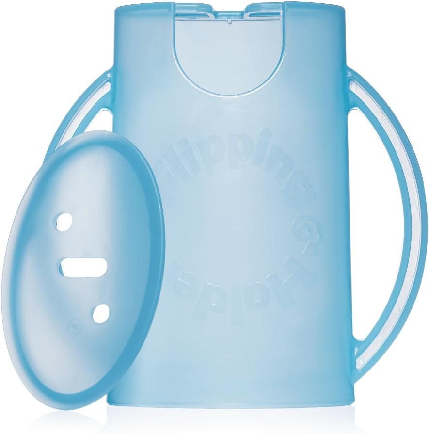 Flipping Holder blue and white squeeze proof food pouch holder front view