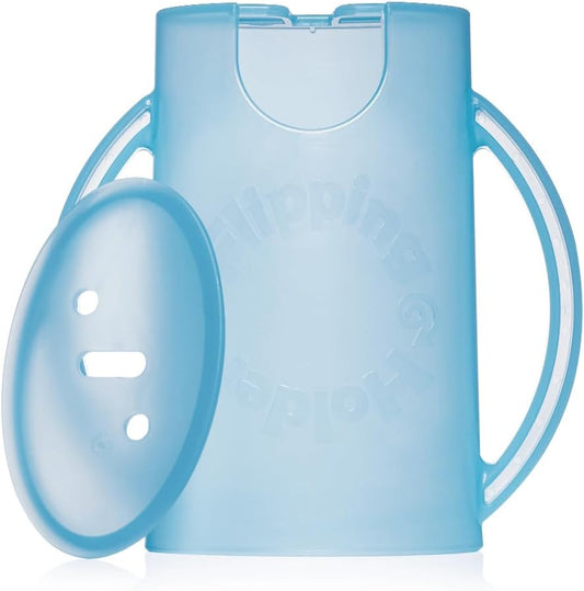 Flipping Holder blue and white squeeze proof food pouch holder front view