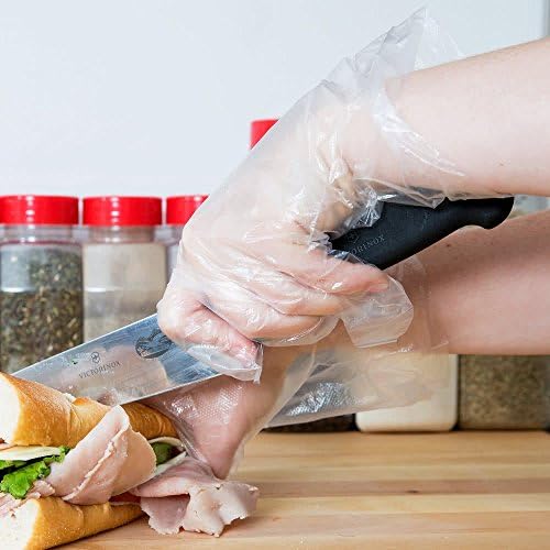 Clear plastic powder free gloves for kitchen and restaurant food handling protection.