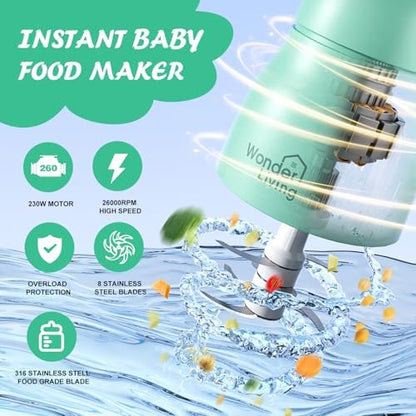 Wonder Living compact baby food processor blending fresh green vegetables into a smooth mash.