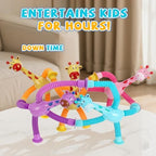 Toddler hands stretching the flexible pop tube limbs of the colorful sensory giraffe toy.