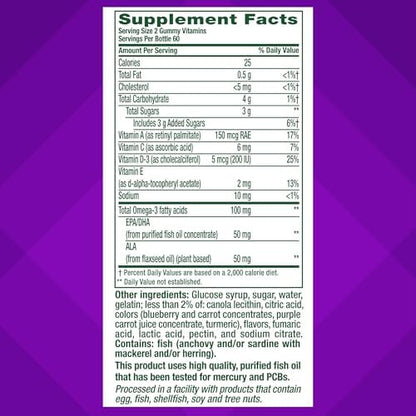 Side view of Vitafusion Omega 3 supplement bottle showcasing allergy and dietary information.