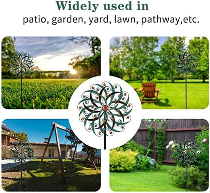 Side profile view of metal yard art spinner showing sturdy stake