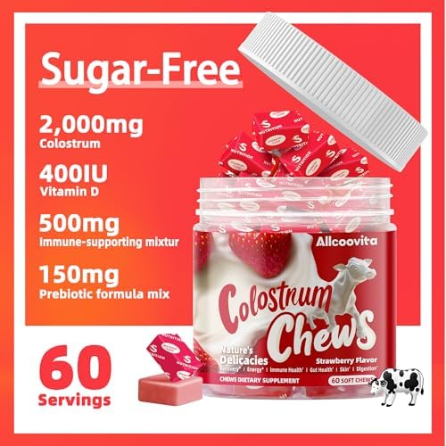 Close up look at the individually wrapped strawberry flavored colostrum soft chews for daily wellness.