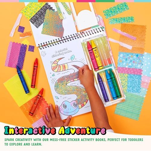 Toddler travel coloring book showing jungle themed illustrations and sticker sheets
