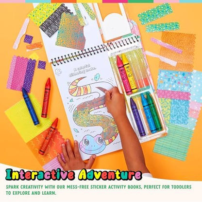 Toddler travel coloring book showing jungle themed illustrations and sticker sheets