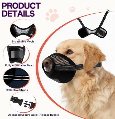 Adjustable pet muzzle with quick release buckle detail