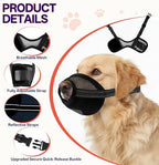Adjustable pet muzzle with quick release buckle detail