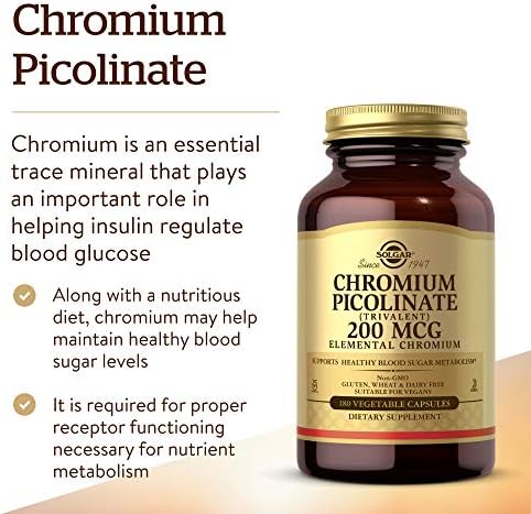 Solgar Chromium Picolinate 180 vegetable capsules dietary supplement label information.