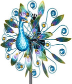 Side profile of peacock wind spinner showing sturdy ground stake