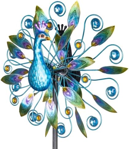 Side profile of peacock wind spinner showing sturdy ground stake
