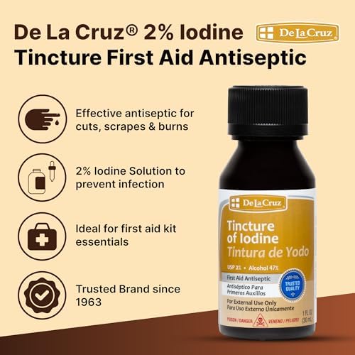 Close up of De La Cruz Iodine 1 fluid ounce antiseptic bottle