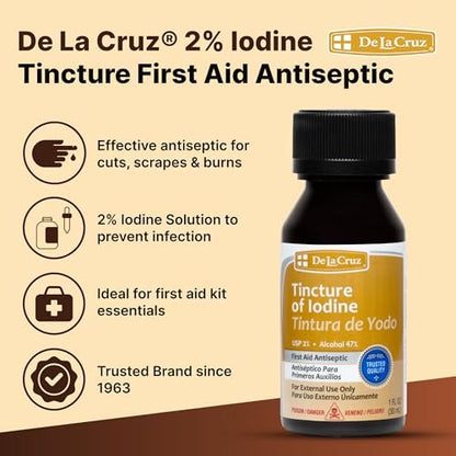Close up of De La Cruz Iodine 1 fluid ounce antiseptic bottle