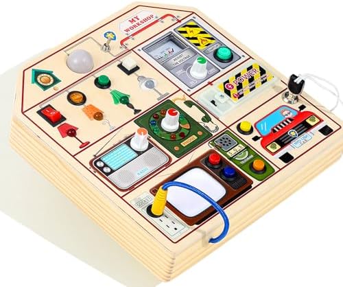 Toddler hands operating the toggle switches on the JAUNTY sensory activity board for fine motor skill development.