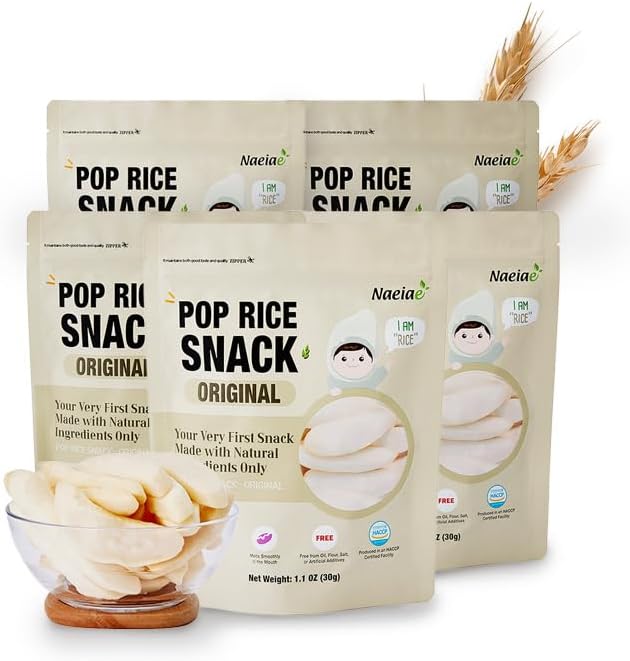 Naeiae Pop Organic Rice Puffs Teething Snack five pack packaging front view showing organic certification.
