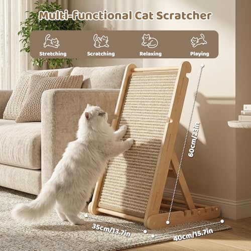 Kitten stretching on an eco-friendly solid wood vertical claw health station