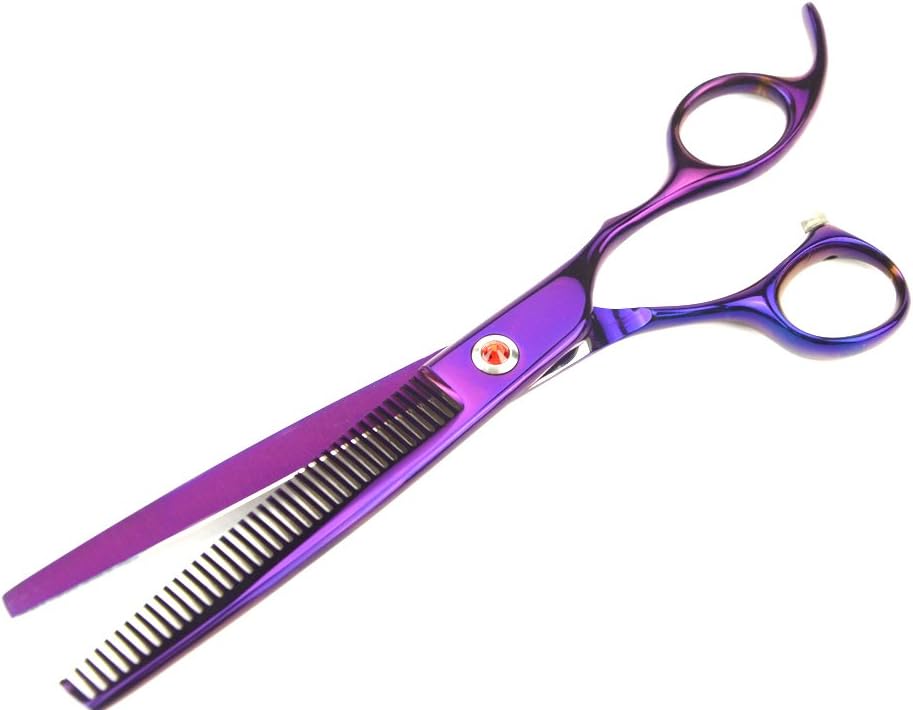 Close up of 8 inch purple stainless steel pet grooming shears