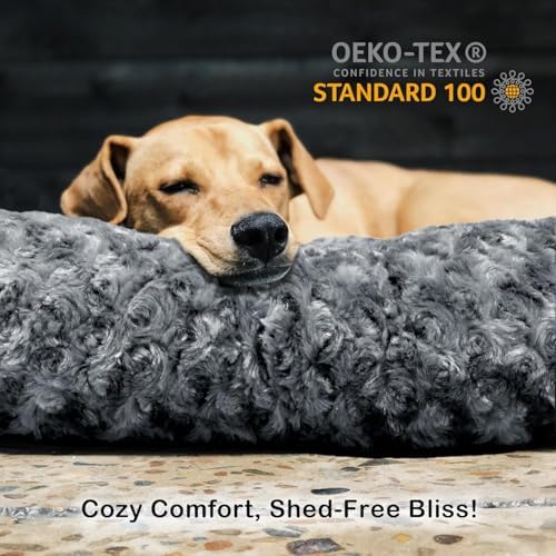 Large dog resting comfortably on the gray rose velvet replacement pet mat cover.