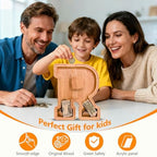 Educational alphabet letter R piggy bank filled with coins to show savings growth.