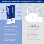 Reusable mixing beaker and quick-dissolving powder packets for easy enema preparation.