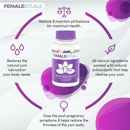 Close up of Yoni Balance supplement packaging highlighting the natural Kacip Fatimah formula.