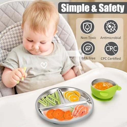 Top view of Misslili stainless steel baby bowls and plates