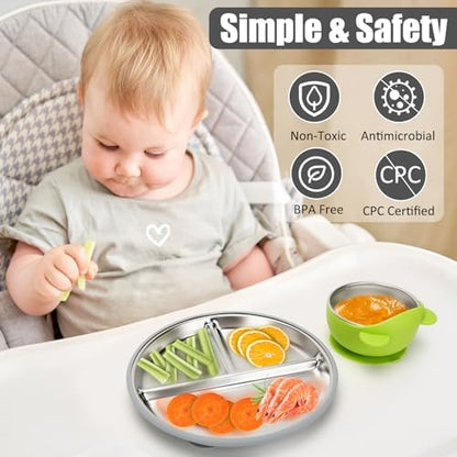 Top view of Misslili stainless steel baby bowls and plates
