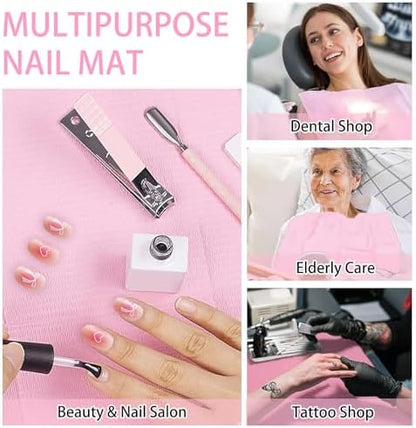 Professional manicure table setup with pink nail mat