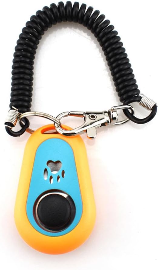 Close up view of the large button on the Ruconla animal behavioral training clicker set in multiple vibrant colors.