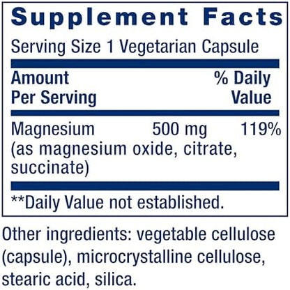 Close up of the supplement facts label on the back of Life Extension Magnesium Caps showing oxide citrate and succinate forms.