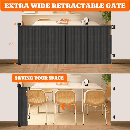 Pawtners retractable safety gate with cat door open allowing a small pet to walk through the barrier