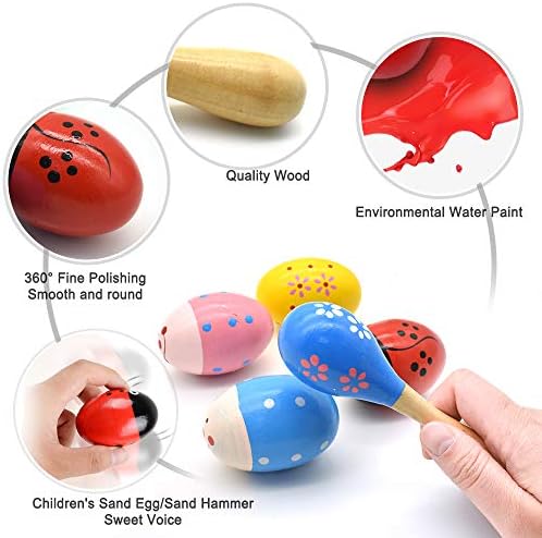 Two kids hand percussion maracas sand hammers next to four painted wooden eggs.