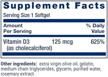 Life Extension Vitamin D3 125 micrograms bone and immune support nutritional panel