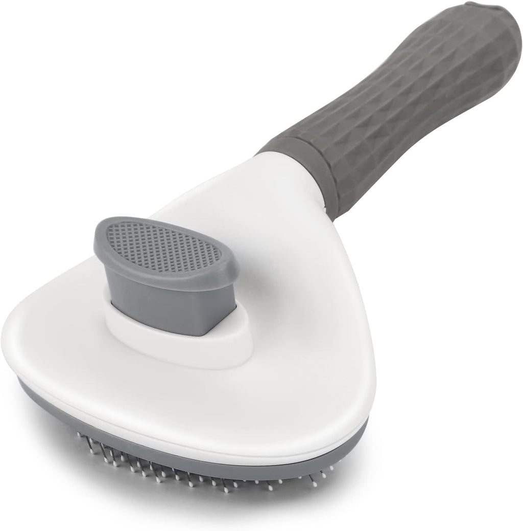 Petterati self cleaning slicker brush front view showing grey ergonomic handle and wire bristles.