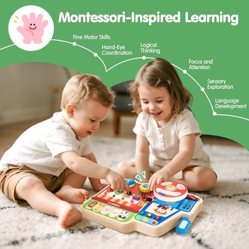 Fine motor skill development busy board with colorful farm animal panels