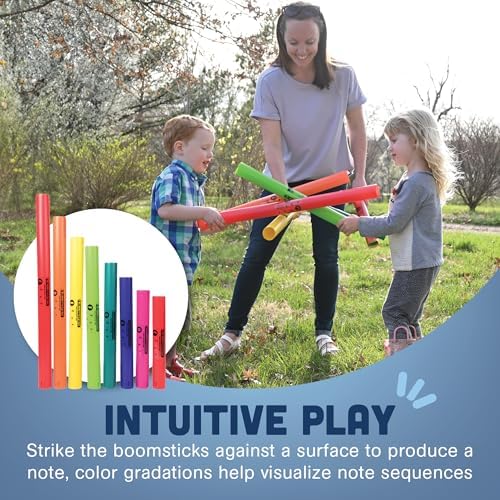 Constructive Playthings kids musical instruments demonstrating length differences and note labels