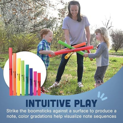 Constructive Playthings kids musical instruments demonstrating length differences and note labels