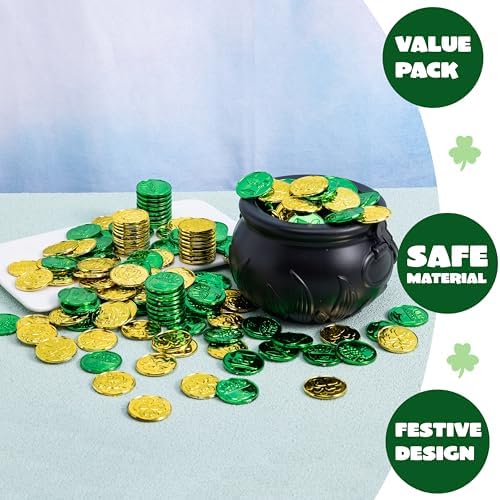 Festive holiday layout featuring gold and green luck tokens scattered around a black pot