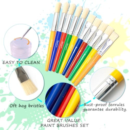 Toddlers easy grip non toxic paint brushes laid out neatly by color for school art activities