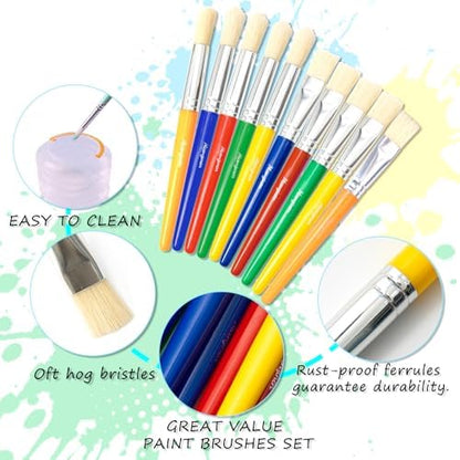 Toddlers easy grip non toxic paint brushes laid out neatly by color for school art activities