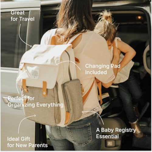 Oversized wipe-clean waterproof changing pad unfolded next to the Parker Baby cream diaper backpack