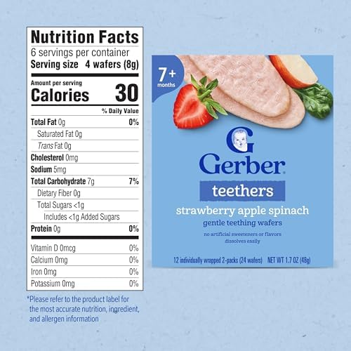 Gerber baby teething snacks packaging detailing nutritional information and ingredients list.