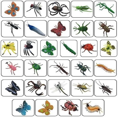Assorted miniature plastic butterflies and centipedes arranged neatly to showcase the zero duplication variety.