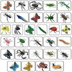 Assorted miniature plastic butterflies and centipedes arranged neatly to showcase the zero duplication variety.