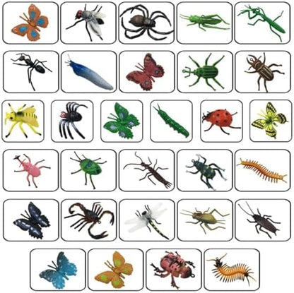 Assorted miniature plastic butterflies and centipedes arranged neatly to showcase the zero duplication variety.