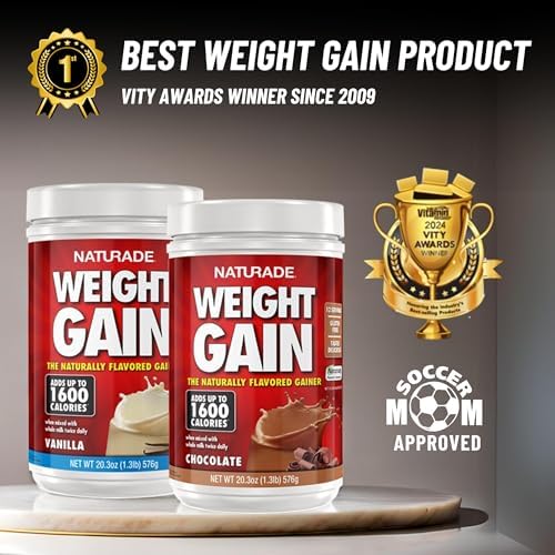 Scooping chocolate flavored Naturade weight gain powder for a high calorie protein shake.