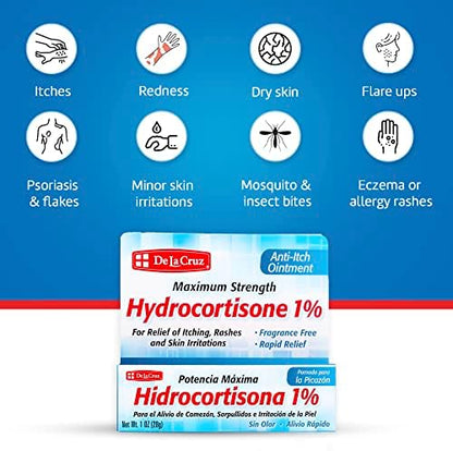 Back label of De La Cruz hydrocortisone ointment showing drug facts