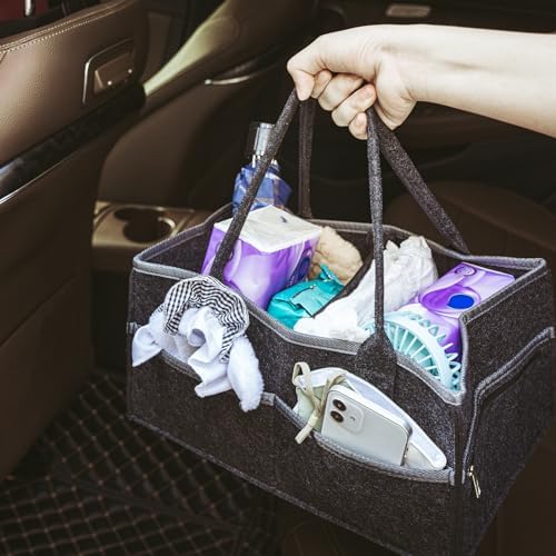 Runsabay diaper storage bin used in a car setting