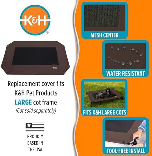 K&H Pet Products indoor outdoor raised dog bed mat alternative in chocolate brown color setup in a modern living room