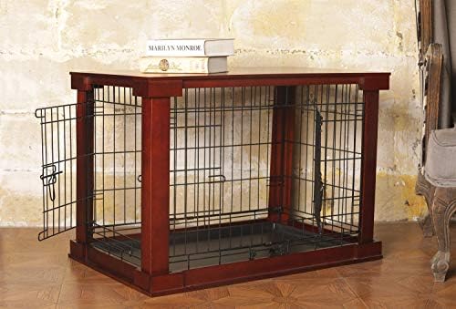 Side angle view of the decorative wooden pet crate end table in mahogany color